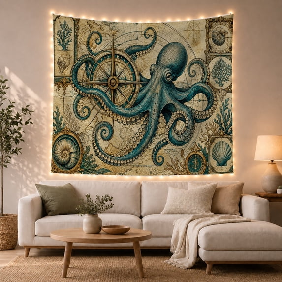Sextant Compass Map with Octopus Textured Tentacles, Adventurous Vintage for Nautical Decor Lovers, Wall Decor, Valentine'S Day Gift, Tapestry Wall Hanging for Dorm and Living Room