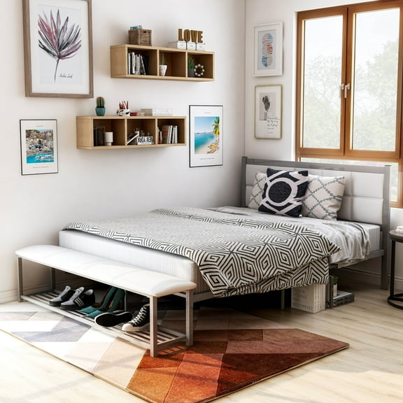 Sexton Metal Platform Bed with Bench, Queen, White and Silver