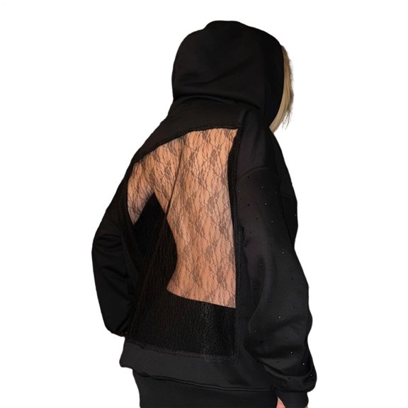 Sexy Back Hoodie Women Oversized Lace Cutout Back Pullover Hoodies Fall Winter Clothes for Festive Gatherings premium