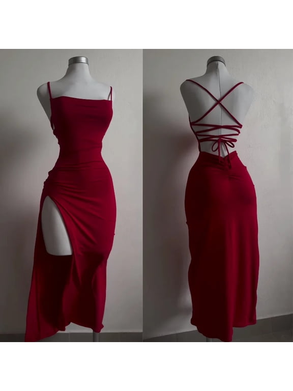 Sexy Backless Lace Up Long Dress Women Split Sleeveless Bodycon Party Club Evening Dresses High Street Female Suspender Robes