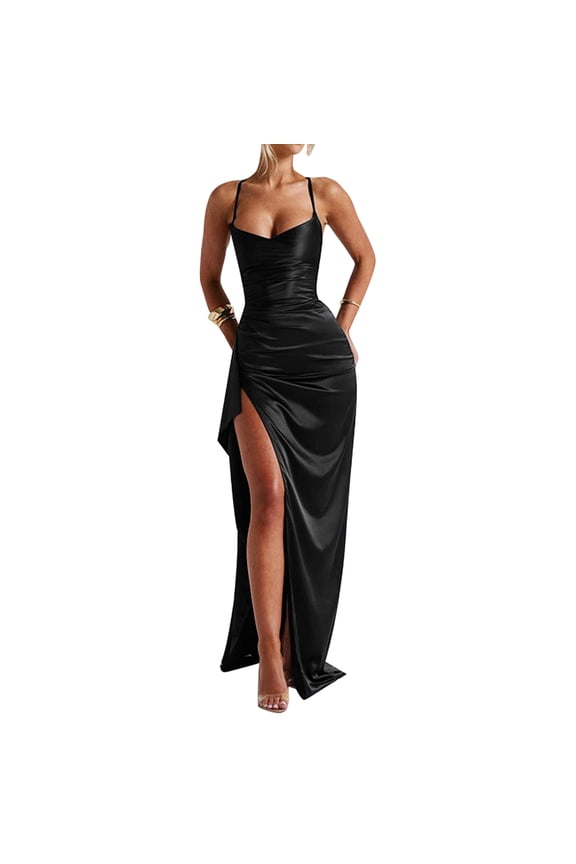 Sexy Backless Summer Dress Women 2025 Satin Party Long dress Elegant Evening Birthday Maxi Dress Black M