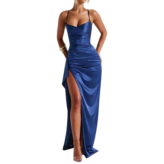 Sexy Backless Summer Dress Women 2025 Satin Party Long dress Elegant Evening Birthday Maxi Dress Blue M