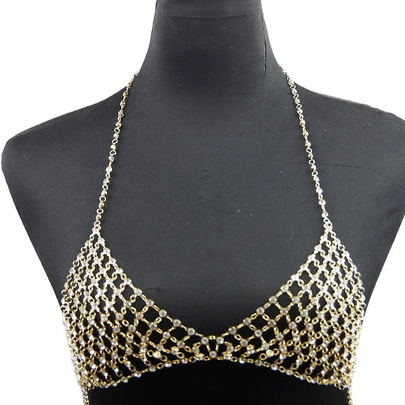 Sexy Beach Bra Chain Gold Body Jewelry Nightclub Rave Bikini Chest Chains Crystal Bra Chain Top for Women and Girls