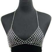 Sexy Beach Nightclub Rave Bikini Chest Chains Crystal Bra Chain Silver Sparkly Crop Top Body Jewelry for Women and Girls