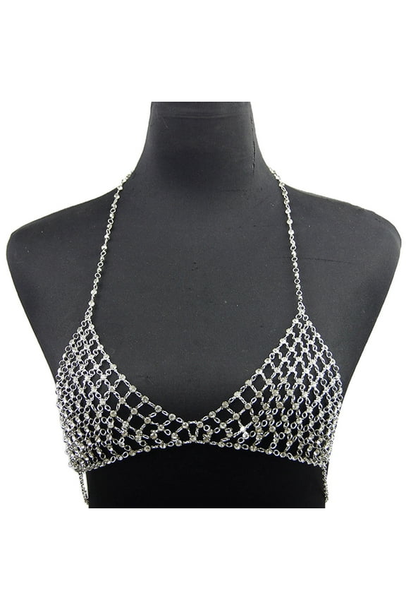 Sexy Beach Nightclub Rave Bikini Chest Chains Crystal Bra Chain Silver Sparkly Crop Top Body Jewelry for Women and Girls