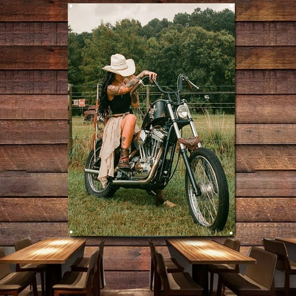 Sexy Biker Girl Retro Hot Motorcycle Banner Flag Decr Poster Wall Art AD Vintage Sign Motor Car Man Cave Garage Pub Club Bar,38X57 inches