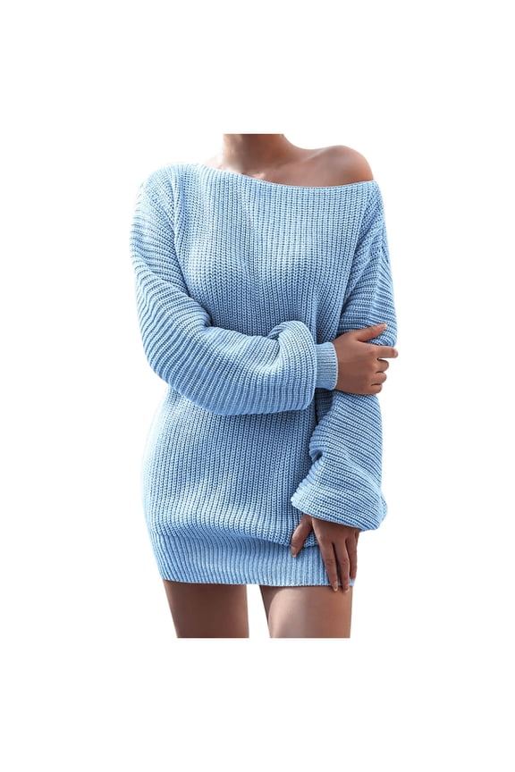 Sexy Black Dress for Women Women Fashion Casual Off-the-shoulder Lantern Sleeve Knit Sweater Dress New Years Eve Dress Birthday Dress for Women