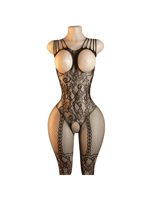 Black Fishnet Lingerie for Women Sheer Open Type Bodysuit Mesh Bodystocking Seductive Chemise Nightdress One Size