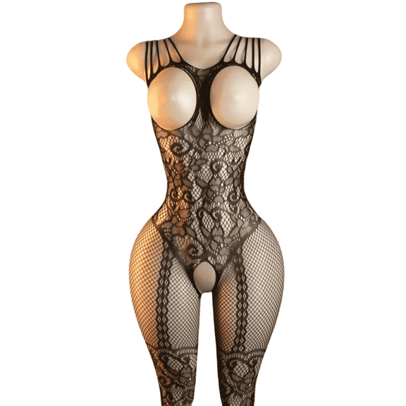 AESKEIA Black Fishnet Lingerie for Women Sheer Open Type Bodysuit Mesh Bodystocking Seductive Chemise Nightdress One Size