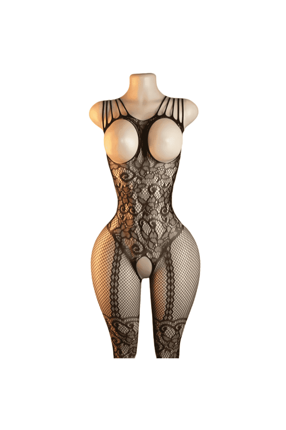 Black Fishnet Lingerie for Women Sheer Open Type Bodysuit Mesh Bodystocking Seductive Chemise Nightdress One Size
