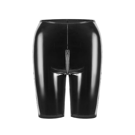 Sexy Black PVC Leather Open Crotch Shorts Women Exotic Bodycon Slim Faux Leather Skinny Shorts Wetlook Nightclub Wear