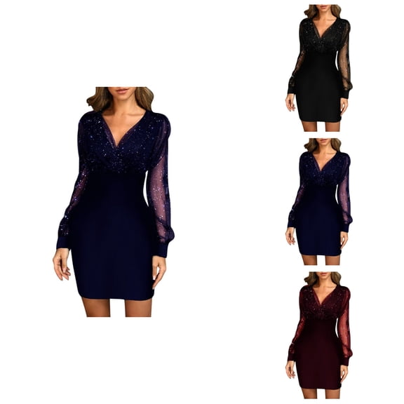 Sexy Black Sequin Party Dress for Women – V-Neck Mesh Sheer Lantern Sleeve Mini Evening Dress with Zipper Back, Slim Fit Retro Clubwear