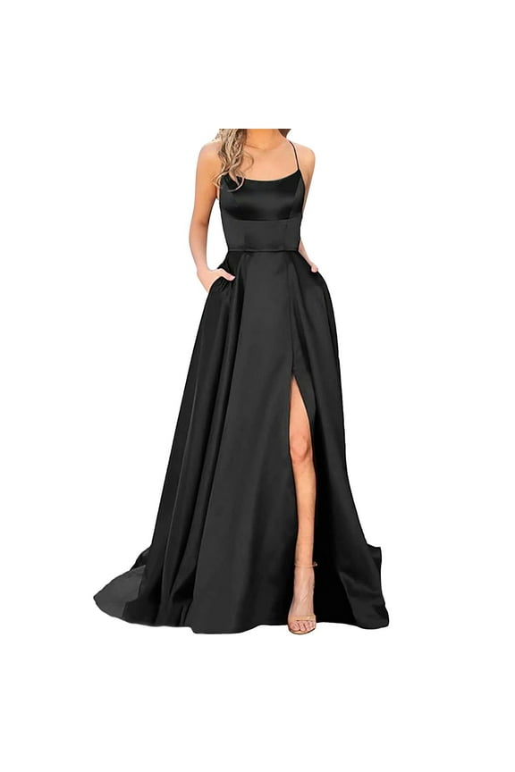 Sexy Black woman satin long dress,Black satin evening gown Party Dress Prom Dresses Ladies Long Women Elegant Backless DressesCrisn Satin Spaghetti Side Slit Wedding Evening With Pockets Black