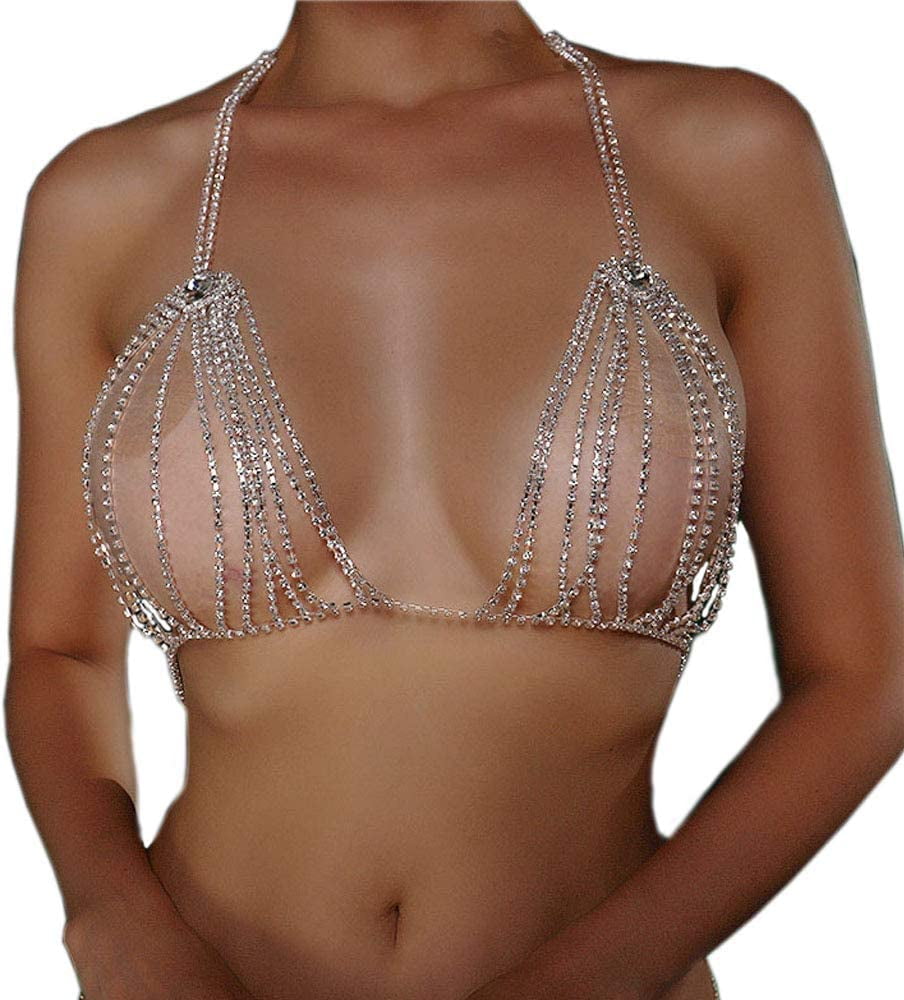 Sexy Bling Rhinstone Bra Body Chain Rhinstone Underwear Bra Harness Crystal Body  Chain Jewelry Bikini Crystal Bralette Underwea for Women (Silver Bra Top) 