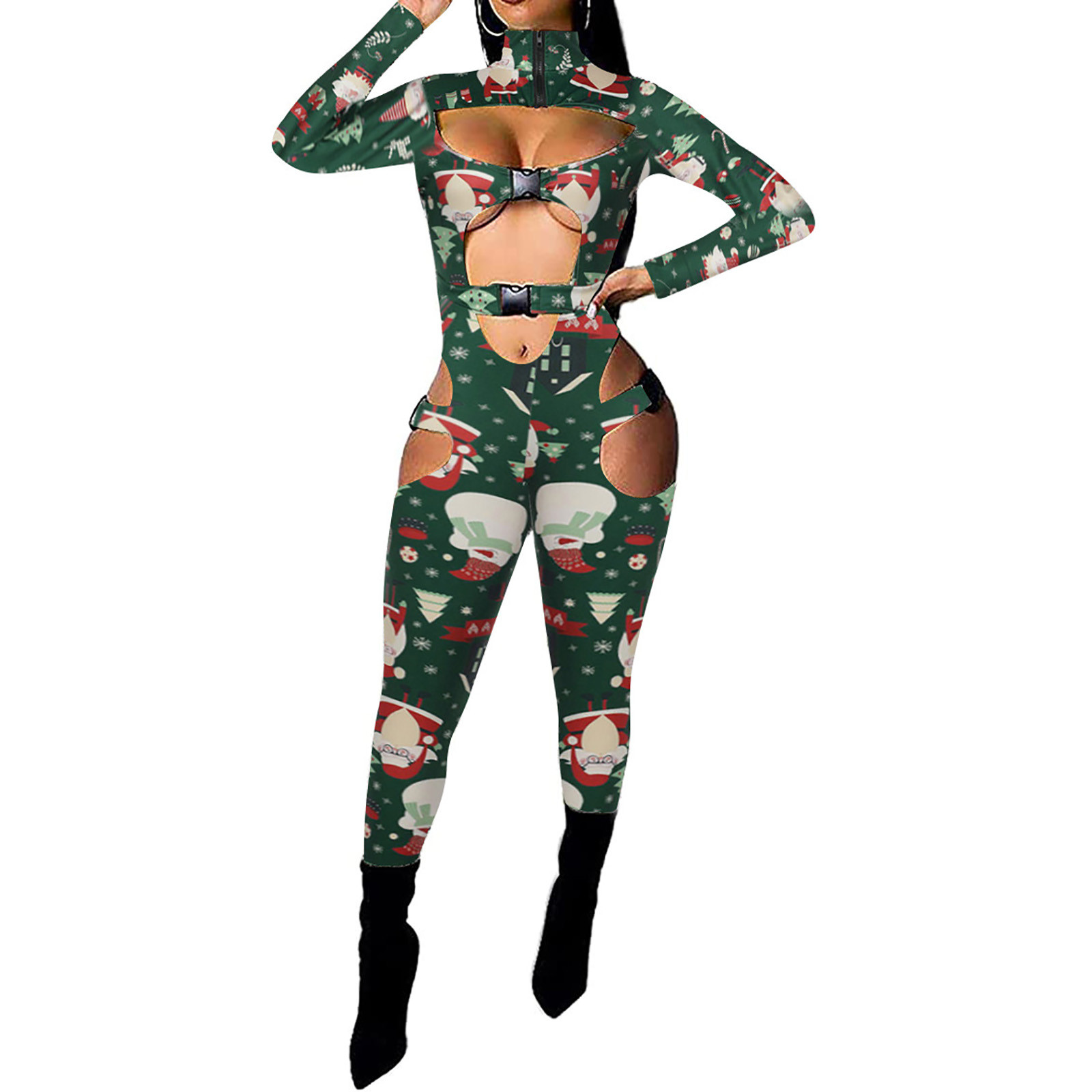 Sexy Bodycon Jumpsuit for Women, Fashion Zipper Turtleneck Hollow Buckle  Pants Camouflage Cow Print Romper Long Onesie 