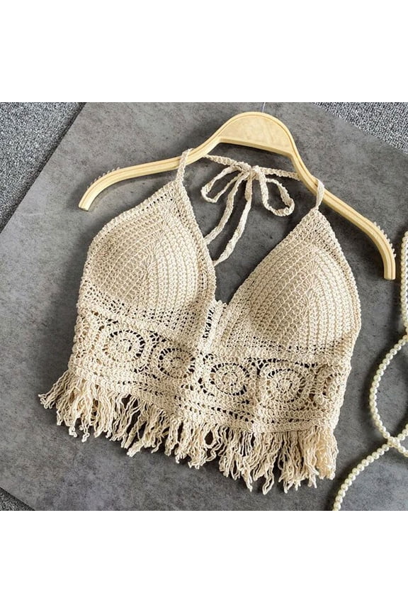 Sexy Boho Beach Holiday Camisole Halter Women Crochet Knit Swimsuit Bra Backless Vest Hollow Tassel Tank Top Women's Crop Tops