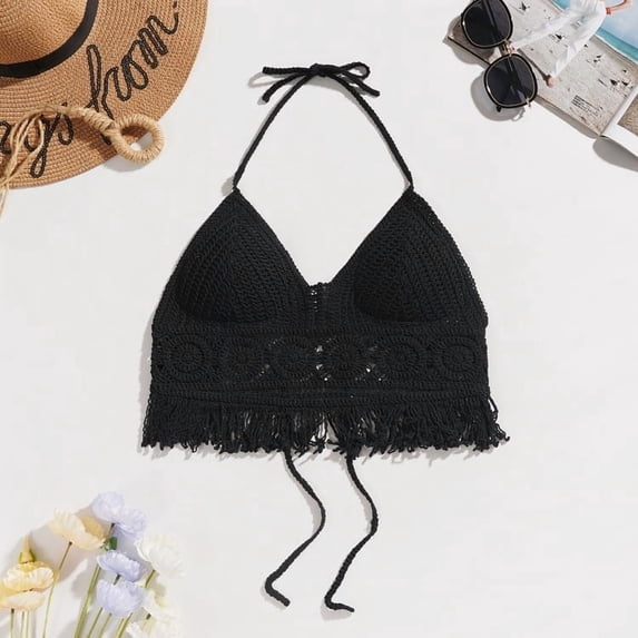 Sexy Boho Beach Holiday Camisole Halter Women Crochet Knit Swimsuit Bra Backless Vest Hollow Tassel Tank Top Women's Crop Tops