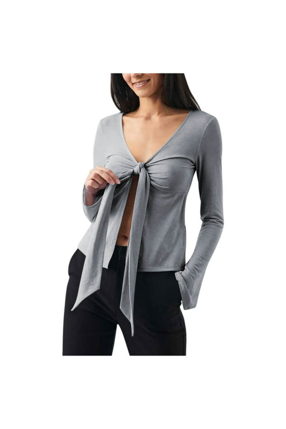 Sexy Bow Tie Open Front Tops for Women Dressy Bell Long Sleeve Going Out T Shirts Slim Fitted Stretchy Trendy Crop Top