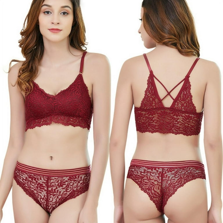 Womens Lace Crop Top Bra And Brief Set Back Sexy Lingerie With