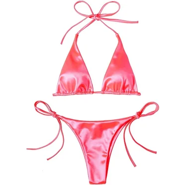 Sexy Brown Swimwear String Halter Micro Thong Bikinis Set Women Satin Swimsuits Lace Up Bathing Suit Bikini Bather Biquinis swim