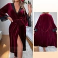 thumbnail image 1 of Sexy Burgundy Velvet Long Robe Kimono Bathrobe Gown Autumn Winter Women Sleepwear Lace Trim Nightgown Loose Homewear Lounge Wear (Burgundy Long Robe,M), 1 of 7
