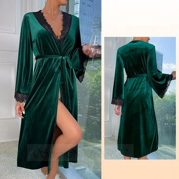 Sexy Burgundy Velvet Long Robe Kimono Bathrobe Gown Autumn Winter Women Sleepwear Lace Trim Nightgown Loose Homewear Lounge Wear (Green Long Robe,L)