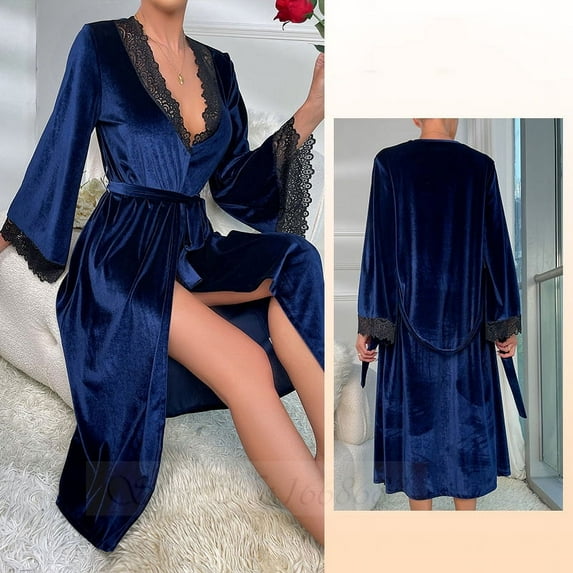 Sexy Burgundy Velvet Long Robe Kimono Bathrobe Gown Autumn Winter Women Sleepwear Lace Trim Nightgown Loose Homewear Lounge Wear (Navy Blue Long Robe,L)
