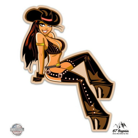 Sexy Cartoon Cowgirl Sitting - 12" Vinyl Sticker Waterproof Decal