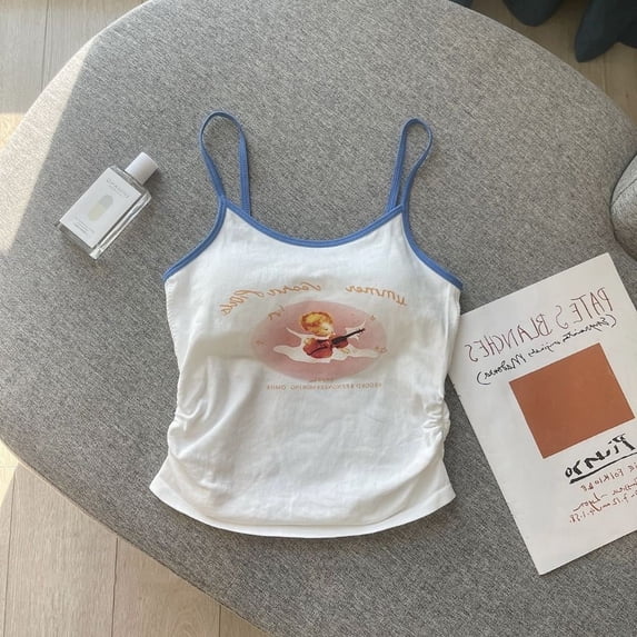 Sexy Casual Off Shoulder Europe and America's Summer Polyester Cartoon Sweet Tank Top Print Spice Girl Tank Top Print Y2k Tank Top O Neck Sleeveless WHITE