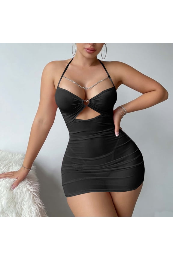 Sexy Chain Sheer Mesh Ruched Bodycon Mini Lingerie Dress with Thong 2 Piece Set Outfits