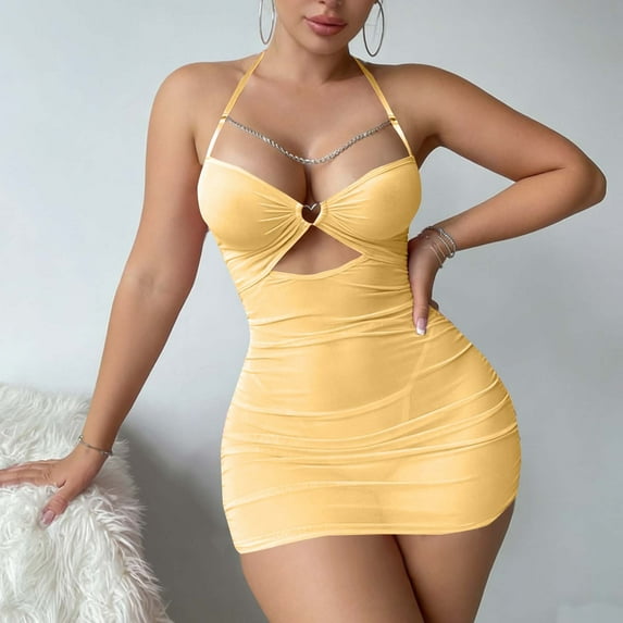 Sexy Chain Sheer Mesh Ruched Bodycon Mini Lingerie Dress with Thong 2 Piece Set Outfits