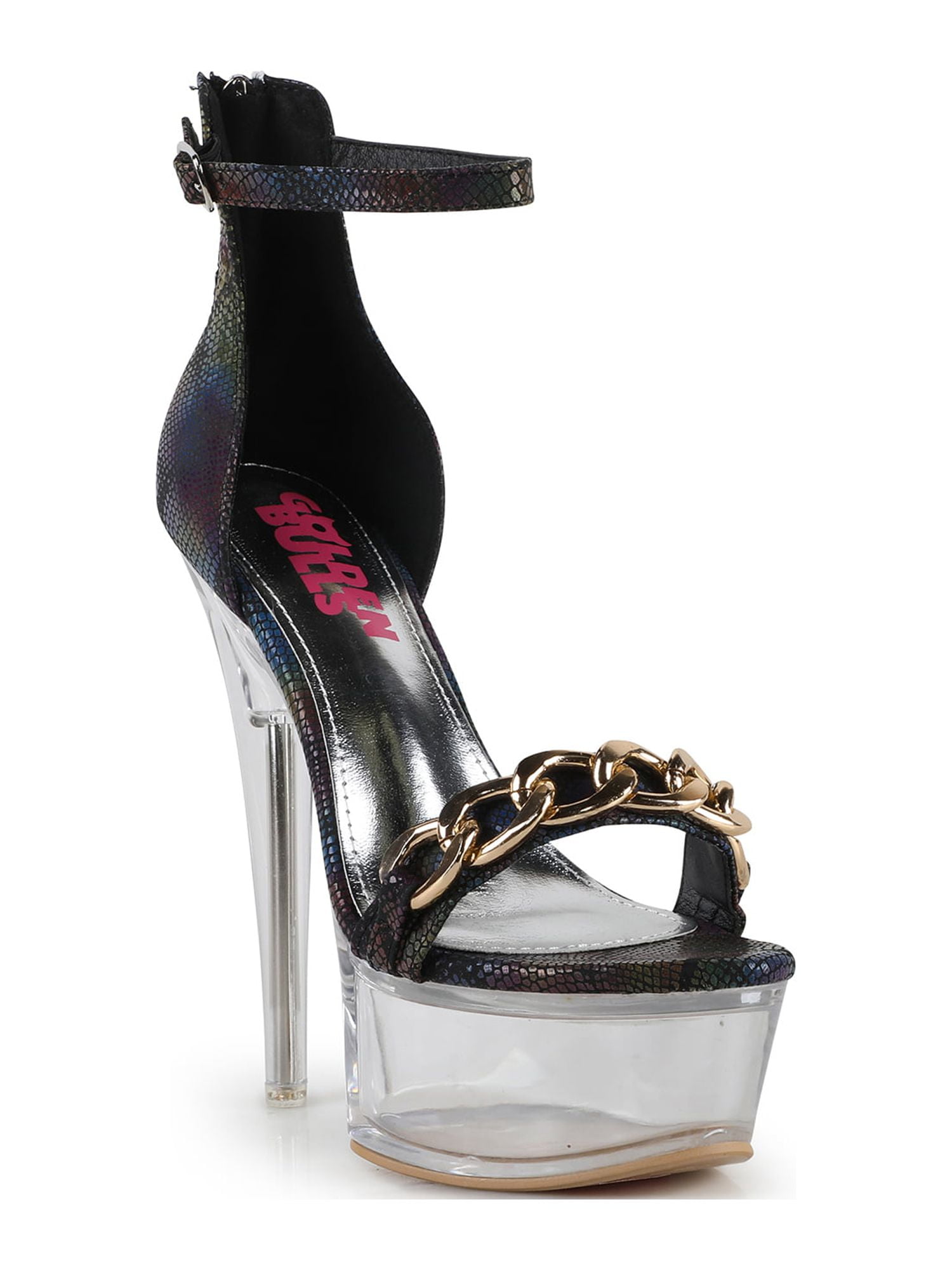 Sexy Chic Chain Accente Women's Clear Platform Sky High Ankle Strap Dancer Sandals
