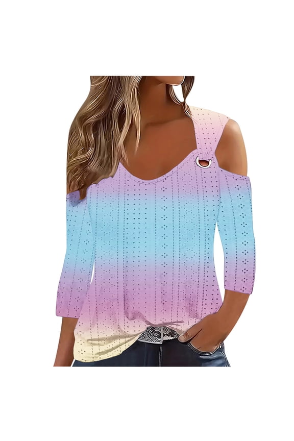 Sexy Clod Sholuder Tops for Women 2025 Summer Hollow Out Eyelet Short Sleeve T Shirts Going Out Blouses Ladies Tunic