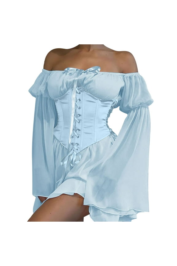 Sexy Cosplay Outfits for Women,2023 Women Off The Shoulder Dress Ruffled Puff Flare Long Sleeve Two-Piece Lace Up Corset Summer Chiffon Irregular Flowy Mini Dresses 2Pcs