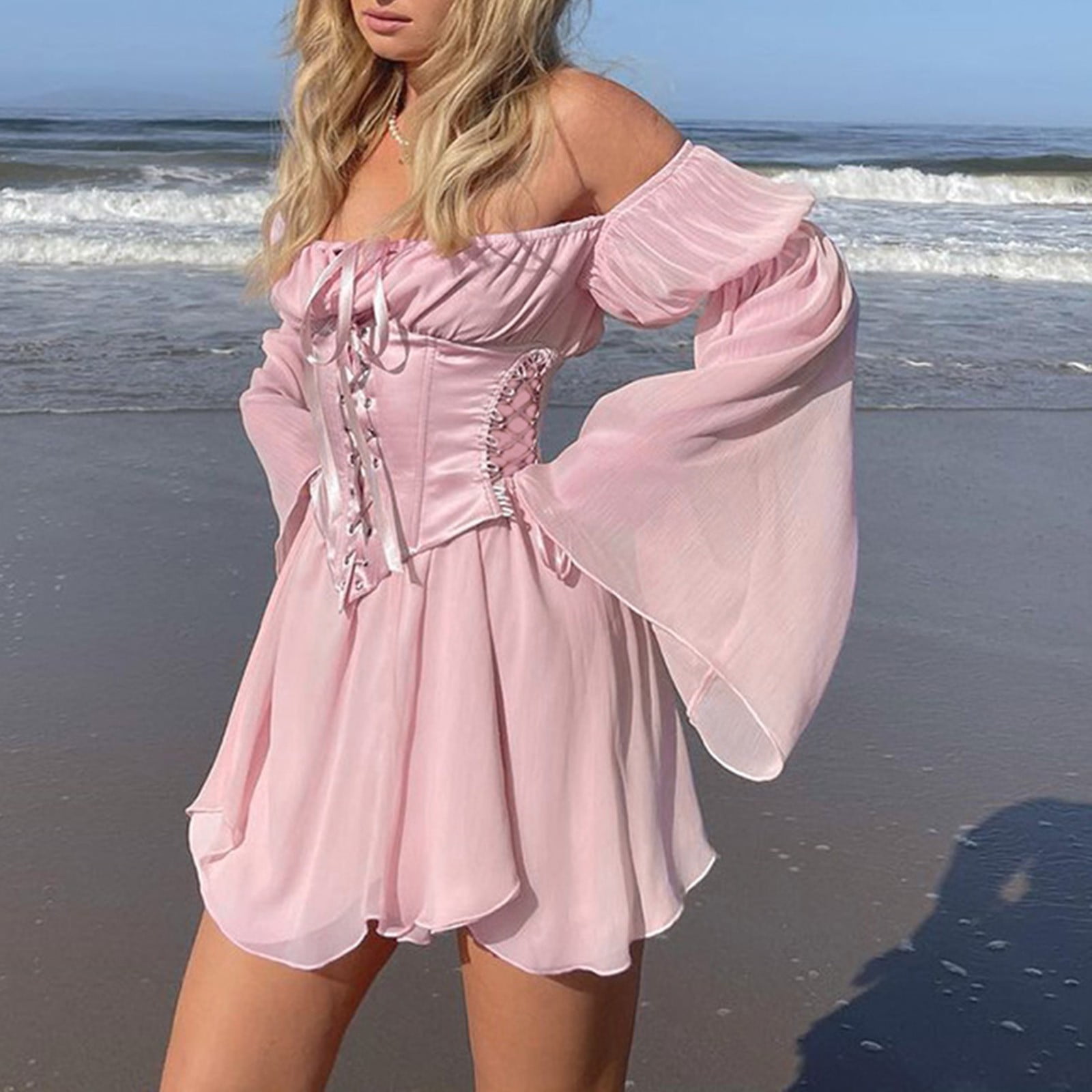 Sexy Cosplay Outfits for Women,2023 Women Off The Shoulder Dress Ruffled  Puff Flare Long Sleeve Two-Piece Lace Up Corset Summer Chiffon Irregular  Flowy Mini Dresses 2Pcs - Walmart.com