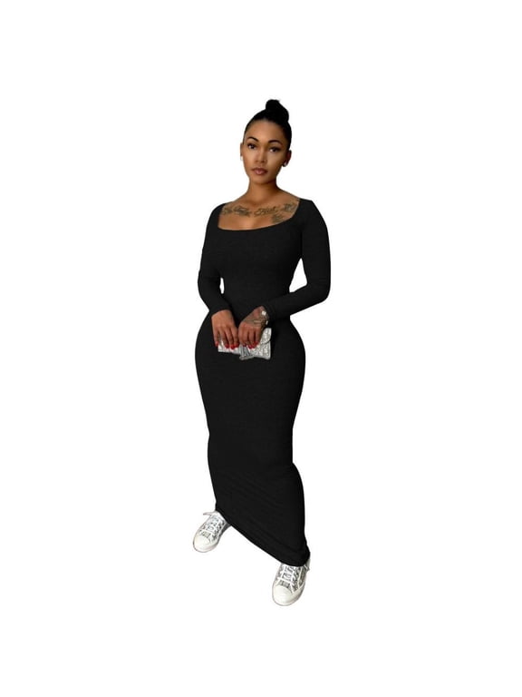 Sexy Crew Neck Lounge Long Dress Fitted Long Sleeve Ribbed Bodycon Maxi Dresses for Women Black M