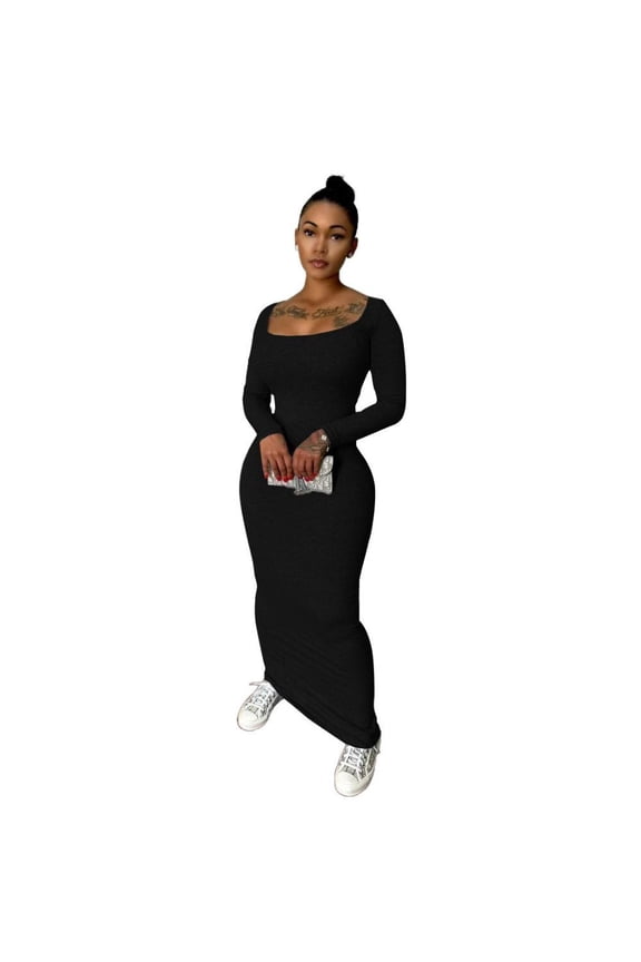 Sexy Crew Neck Lounge Long Dress Fitted Long Sleeve Ribbed Bodycon Maxi Dresses for Women Black M