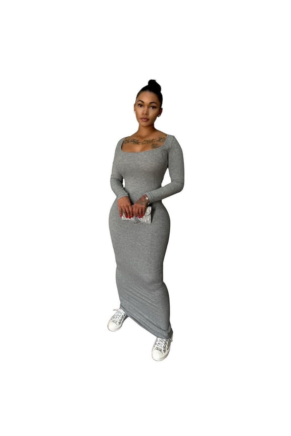 Sexy Crew Neck Lounge Long Dress Fitted Long Sleeve Ribbed Bodycon Maxi Dresses for Women Gray M