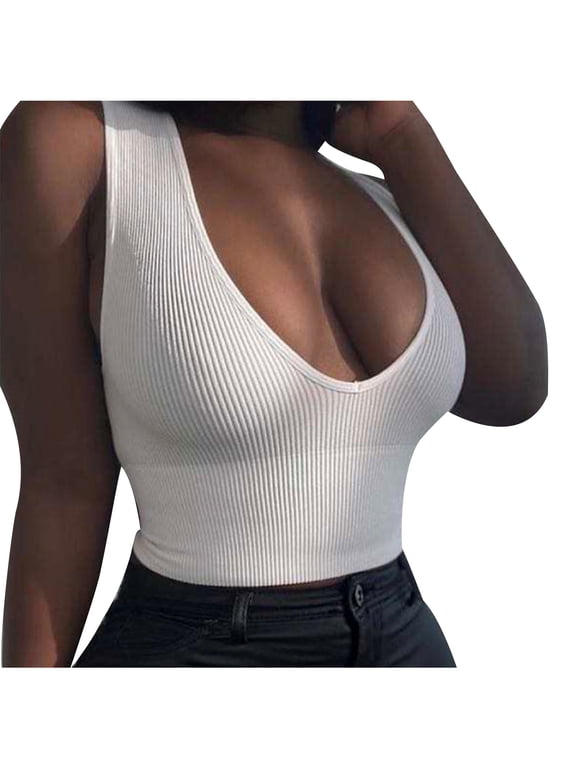 Sexy Crop Tops for Women Deep V Neck Backless Ribbed Knit Vest Tank Top Sleeveless Plunge Racerback Cropped Tanks