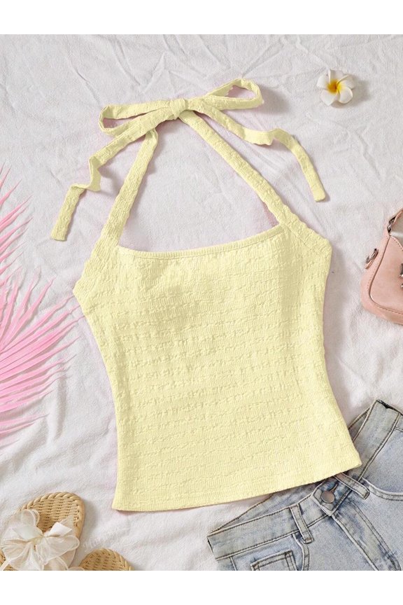 Sexy Cropped Halter Camisole Top With Ribbon Tie And Textured Fabric