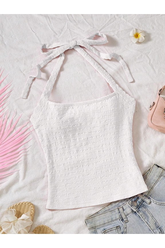 Sexy Cropped Halter Camisole Top With Ribbon Tie And Textured Fabric