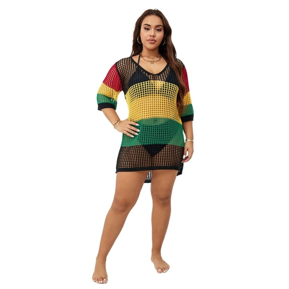 Sexy Cutout Multicolor Bathing Suit Cover up for Women Knit Beach Dress Crochet Swimwear Coverups Summer Cruise Wear Resort Dresses