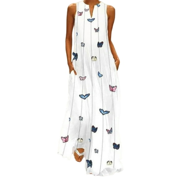 Sexy Dance Butterfly Print Maxi Dresses for Women Sleeveless Party Holiday Summer Dress Ladies Boho Kaftan Beach Sundress