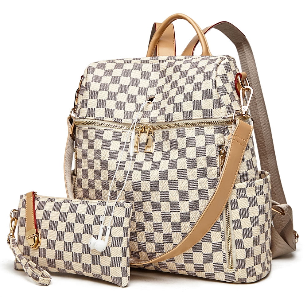 Sexy Dance 2Pcs Women Checkered Backpack Purse Leather Anti-Theft