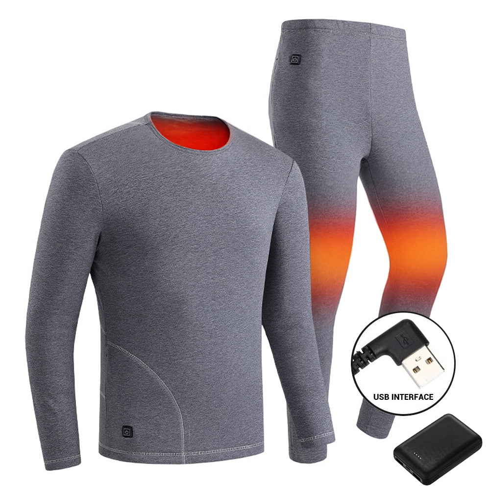 Heated Thermal Underwear Set ,Women Men USB Thermal T Shirt heated clothing  set Ultra-Soft Base Laye, 22-zone，No Battery（male set-LGrey）
