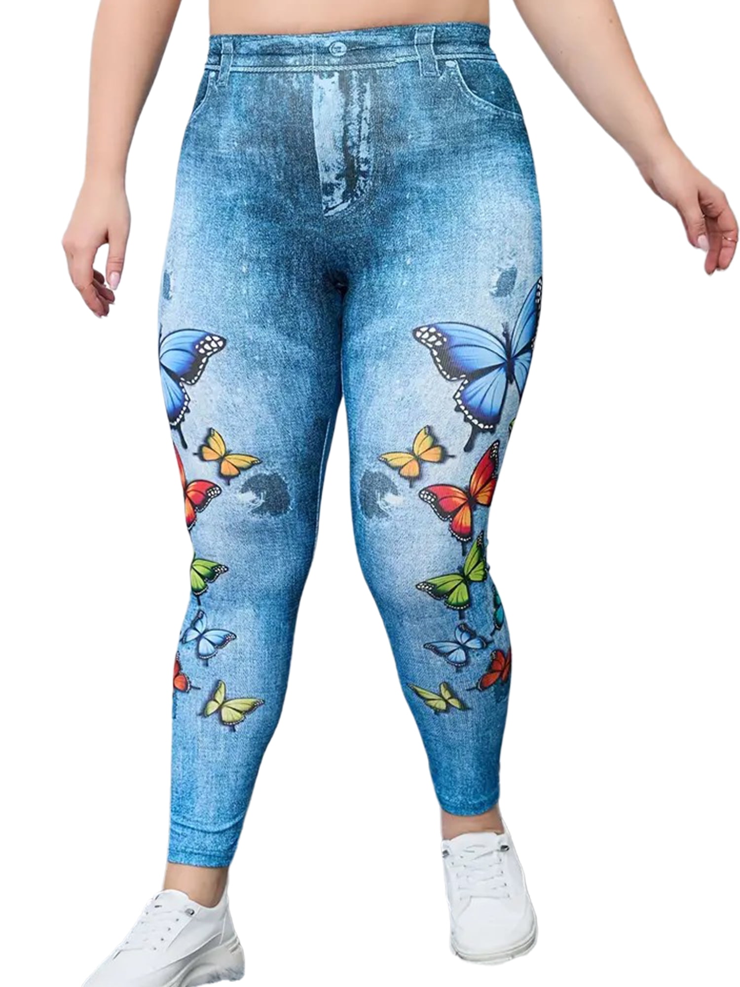 Womens Summer Pencil Jeggings Plus Size Printed Denim Skinny Blue Black  Legging