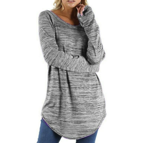Sexy Dance Ladies Plus Size T Shirt Long Sleeve Tee Solid Color T-shirt Loose Tunic Blouse Work Pullover Fall Tops Gray S