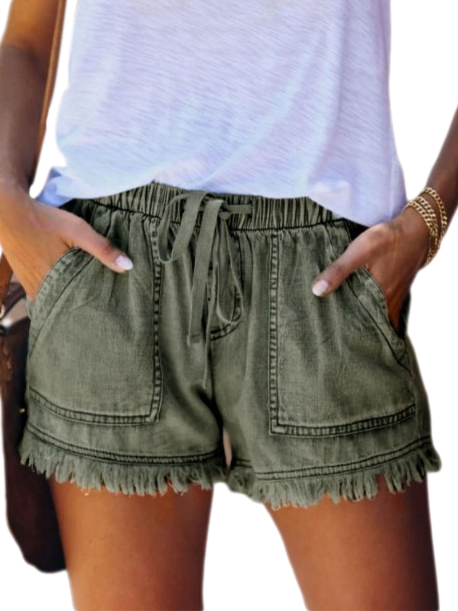 Sexy Dance Ladies Shorts Casual Summer Denim Shorts for Women Mid Waist  Stretchy Jean Pull On Shorts Junior Lace Up Fitting Tassels Hot Pants 