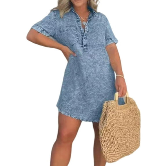 Sexy Dance Ladies Summer Beach Sundress Short Sleeve Denim Dress Solid Color Mini Dresses Kaftan Holiday Blue XL