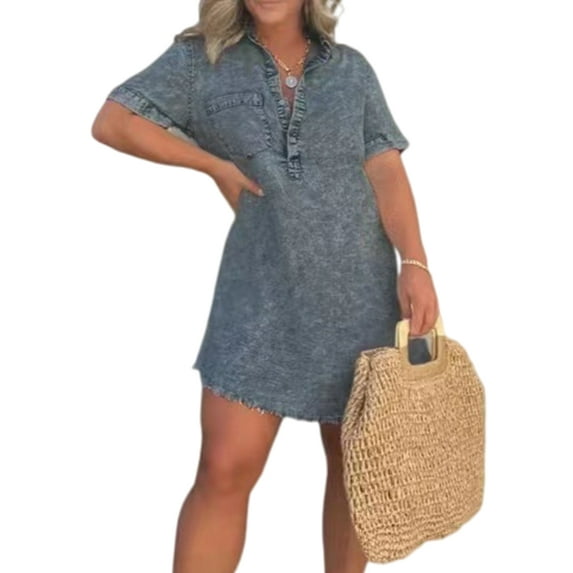 Sexy Dance Ladies Summer Beach Sundress Short Sleeve Denim Dress Solid Color Mini Dresses Kaftan Holiday Grey 3XL